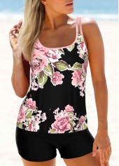 Black swimwear,Floral swimwear,Plants swimwear,ROTITA Black Double Straps Floral Print Tankini Top