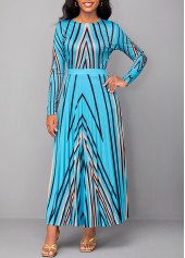 Light Blue dresses,Geometric dresses,Striped dresses,ROTITA Pleated Geometric Print Light Blue Maxi Dress