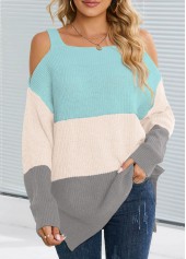 Split Multi Color Square Neck Long Sleeve Sweater