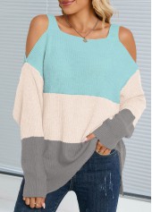 Multi Color tops,Contrast Color tops,Split Multi Color Square Neck Long Sleeve Sweater