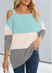Multi Color tops,Contrast Color tops,Split Multi Color Square Neck Long Sleeve Sweater