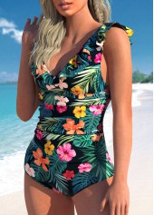 Multi Color swimwear,Plants swimwear,Floral swimwear,ROTITA Ruffle Multi Color One Piece Swimwear