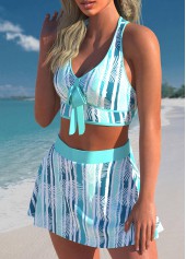 Cyan swimwear,Plants swimwear,Striped swimwear,ROTITA Bowknot Cyan Leaf Print Bikini Top