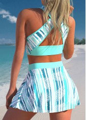 Cyan swimwear,Plants swimwear,Striped swimwear,ROTITA Bowknot Cyan Leaf Print Bikini Top