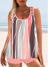 Pink swimwear,Geometric swimwear,ROTITA Criss Cross Pink Geometric Print Tankini Top