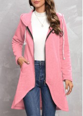 Zipper Pink Hooded Long Sleeve Coat