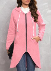 Pink outerwear & coats,Plain Color outerwear & coats,Zipper Pink Hooded Long Sleeve Coat