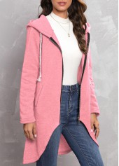 Pink outerwear & coats,Plain Color outerwear & coats,Zipper Pink Hooded Long Sleeve Coat