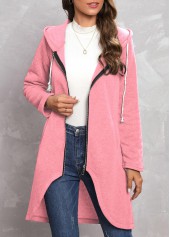 Pink outerwear & coats,Plain Color outerwear & coats,Zipper Pink Hooded Long Sleeve Coat