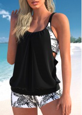 Black swimwear,Plants swimwear,ROTITA Fake 2in1 Black Leaf Print Tankini Top