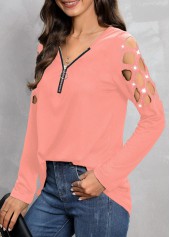 Pink tops,Plain Color tops,Hot Drilling Pink V Neck T Shirt