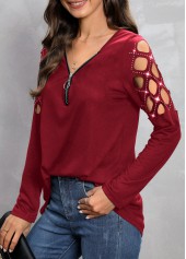 Wine Red tops,Plain Color tops,Hot Drilling Wine Red V Neck T Shirt