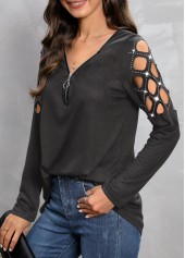 Dark Grey tops,Plain Color tops,Hot Drilling Dark Grey V Neck T Shirt