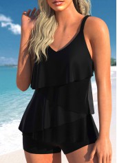 Black swimwear,Plain Color swimwear,ROTITA Mesh Layered Hem Black Tankini Top