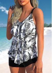 White swimwear,Plants swimwear,ROTITA Layered White Leaf Print Tankini Top