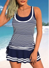 Navy swimwear,Striped swimwear,ROTITA Fake 2in1 Navy Striped Tankini Top