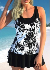 Fake 2in1 Black Floral Print Tankini Set
