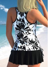 Black swimwear,Floral swimwear,Plants swimwear,ROTITA Fake 2in1 Black Floral Print Tankini Top