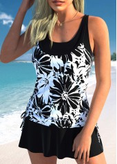Black swimwear,Floral swimwear,Plants swimwear,ROTITA Fake 2in1 Black Floral Print Tankini Top