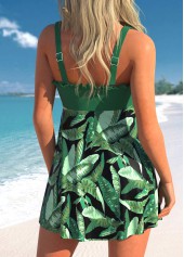 Green swimwear,Plants swimwear,ROTITA Bowknot Green Leaf Print Swimdress Top