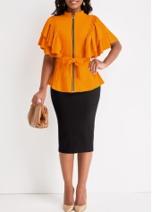 Ginger dresses,Black dresses,Contrast Color dresses,ROTITA Two Piece Ginger Belted Stand Collar Suit