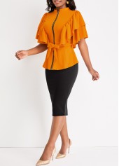 Ginger dresses,Black dresses,Contrast Color dresses,ROTITA Two Piece Ginger Belted Stand Collar Suit