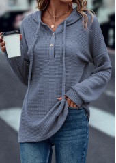 Dusty Blue tops,Plain Color tops,Drawstring Dusty Blue Long Sleeve Hoodie