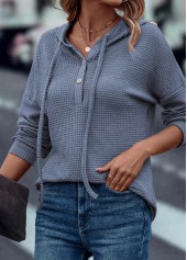 Dusty Blue tops,Plain Color tops,Drawstring Dusty Blue Long Sleeve Hoodie