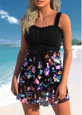 Black swimwear,Floral swimwear,ROTITA Bowknot Black Floral Print Swimdress Top