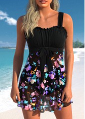Bowknot Black Floral Print Swimdress Set
