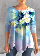ROTITA Button Floral Print Light Blue T Shirt