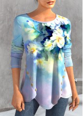 Light Blue tops,Floral tops,Plants tops,ROTITA Button Floral Print Light Blue T Shirt