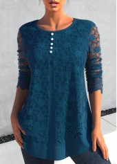 ROTITA Layered Lace Stitching Blue Long Sleeve Blouse