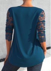 Blue tops,Plain Color tops,ROTITA Layered Lace Stitching Blue Long Sleeve Blouse