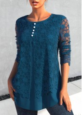 Blue tops,Plain Color tops,ROTITA Layered Lace Stitching Blue Long Sleeve Blouse
