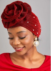 Pearl Flower Desin Wine Red Turban Hat