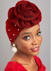 Wine Red accessories,Plain Color accessories,Pearl Flower Desin Wine Red Turban Hat