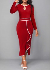 Red dresses,Plain Color dresses,Party dresses,Elegant dresses,ROTITA Contrast Binding Red Round Neck Bodycon Dress