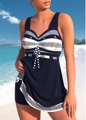 Navy swimwear,Striped swimwear,Dot swimwear,Geometric swimwear,ROTITA Bowknot Navy Cross Strap Striped Swimdress Top