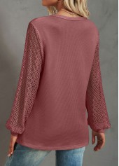 Deep Red tops,Plain Color tops,Lace Deep Red Round Neck T Shirt