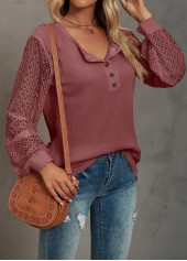 Deep Red tops,Plain Color tops,Lace Deep Red Round Neck T Shirt