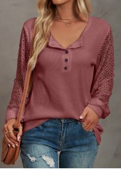 Deep Red tops,Plain Color tops,Lace Deep Red Round Neck T Shirt