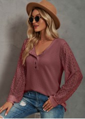 Deep Red tops,Plain Color tops,Lace Deep Red Round Neck T Shirt