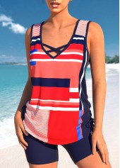 Red swimwear,Geometric swimwear,ROTITA Criss Cross Red Geometric Print Tankini Top