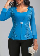 ROTITA Embroidery Peacock Blue Square Neck Long Sleeve Blouse