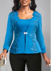 Peacock Blue tops,Plain Color tops,ROTITA Embroidery Peacock Blue Square Neck Long Sleeve Blouse