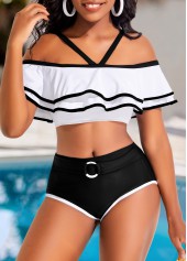 White swimwear,Black swimwear,Plain Color swimwear,ROTITA Contrast Binding White Mid Waisted Bikini Set