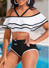 White swimwear,Black swimwear,Plain Color swimwear,ROTITA Contrast Binding White Mid Waisted Bikini Set