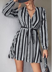 Tie Geometric Print Black Belted Dress