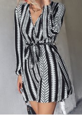Black dresses,Geometric dresses,Tie Geometric Print Black Belted Dress